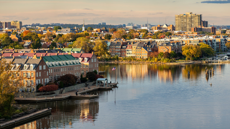 Historic townhomes along the Potomac River in Alexandria, Virginia