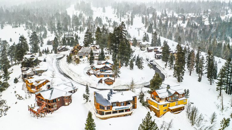 Aerial view of cabins covered in snow