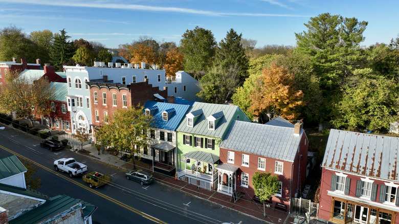 A drone shot of a street in historic downtown Shepherdstown, West Virginia