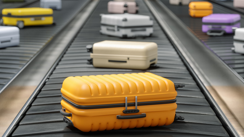 Suitcases on a baggage claim conveyor belt