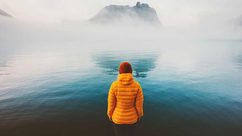 A woman alone looking at the foggy sea.