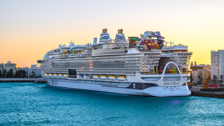 RCL Cruise Ship Star of the Seas in Port of Cadiz at Sunset. Largest and Newest Icon-Class Family Cruise Ship of Royal Caribbean International.