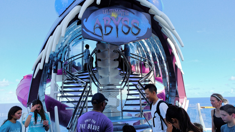 The entrance to Ultimate Abyss, the tallest waterslide at sea, is through a faux fish mouth.