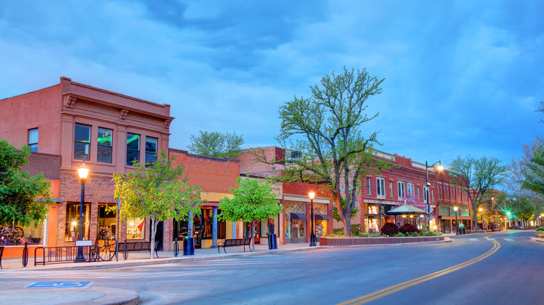 Red buildings along a street in downtown Grand Junction, Colorado