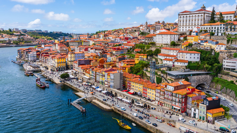 Aerial view of Porto Old Town, Ribeira Pier, and the Douro River waterfront
