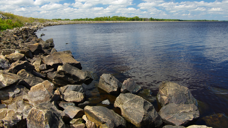 Large boulders form a side of Petenwell Lake in central Wisconsin.