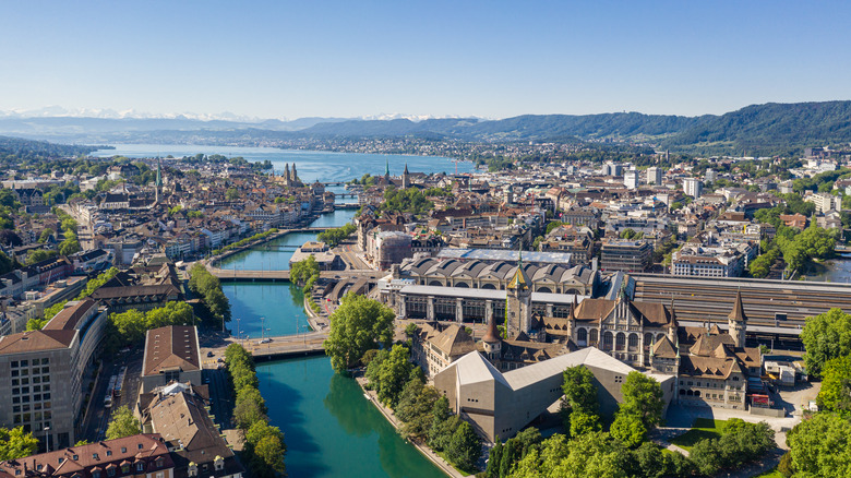 Aerial view of Zurich's Old Town, the Limmat River, and Lake Zurich