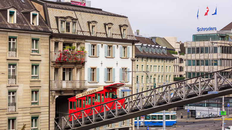 Zurich's old red furnicular, the Polybahn, leading to the Polyterrase