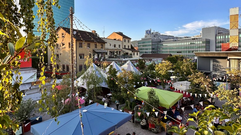 Aerial view of a beer garden in the revitalized area of Zurich, Zurich-West