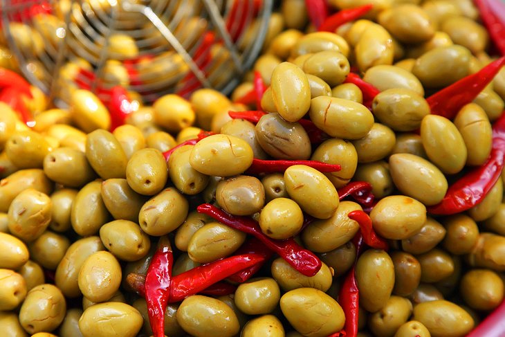 Olives and peppers for sale at a Provençal market