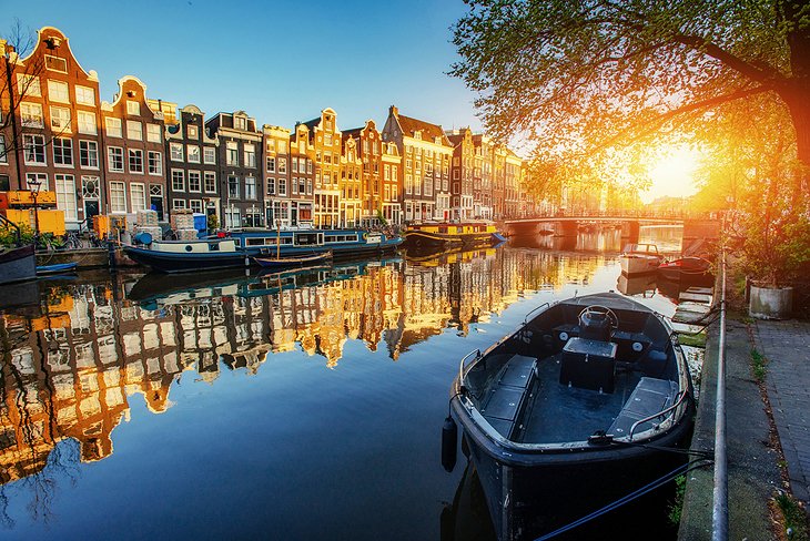 Sunset over an Amsterdam canal