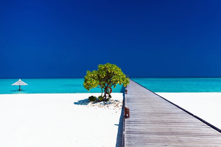 A dock extending into the shallow waters in the Maldives 