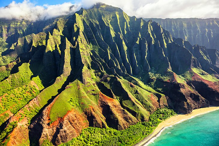 Aerial view of the iconic Na Pali coast on Kauai island