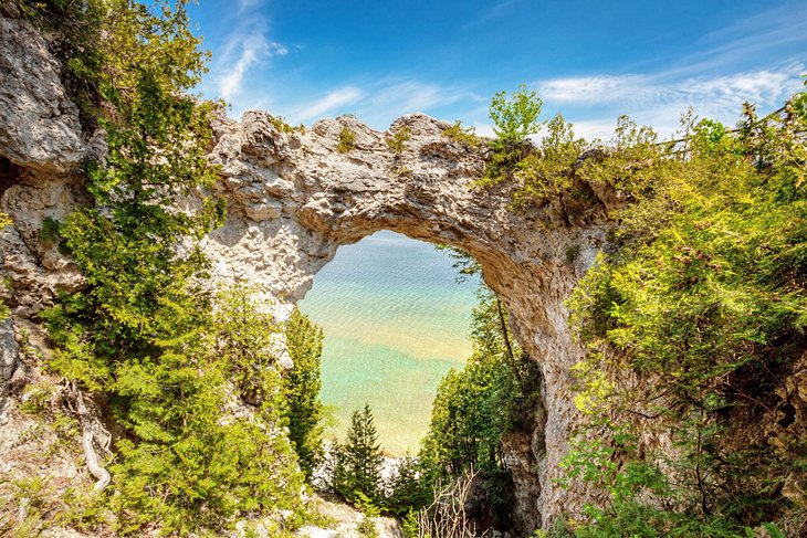 View of Lake Huron through Arch Rock on Mackinac Island