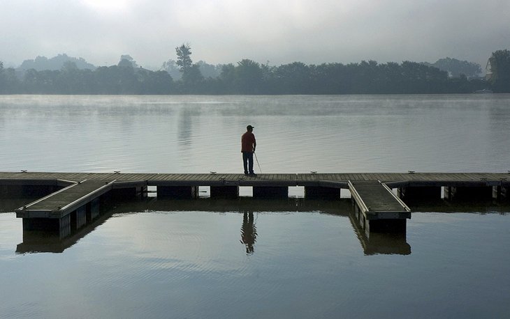 Fishing off a dock on the Ohio River