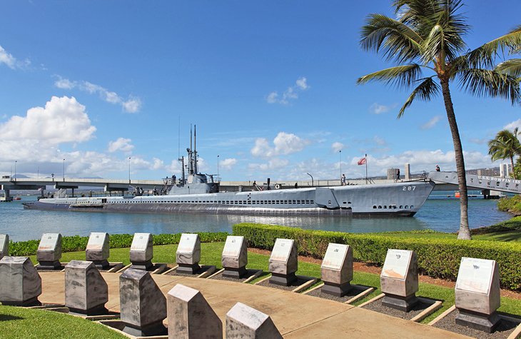 Memorial in Pearl Harbor with submarine USS Bowfin in the background