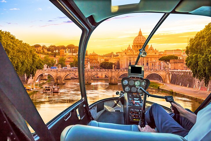 View of St. Peter's Basilica and the Tiber River in Rome from a helicopter