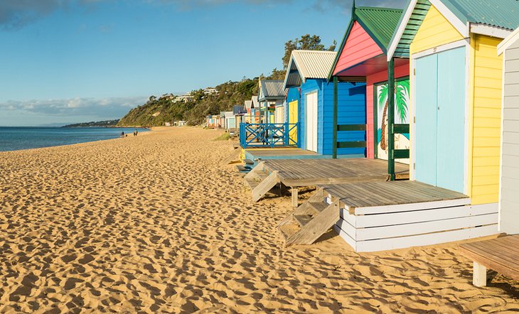 Colorful beach boxes on Mills Beach, Mornington Peninsula
