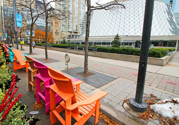 Muskoka chairs in front of Roy Thomson Hall