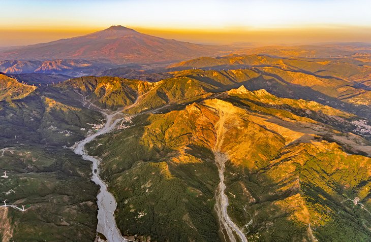 Aerial view of Monti Nébrodi with Mt. Etna in the distance