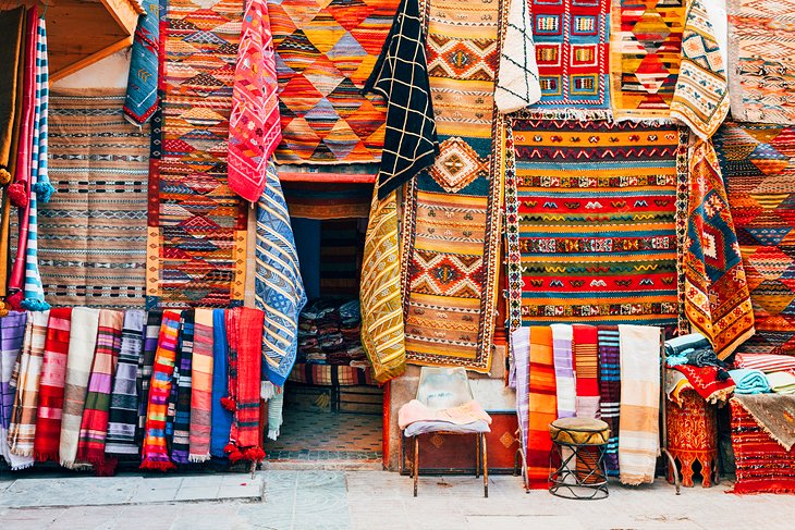A colorful rug shop in a medina souk