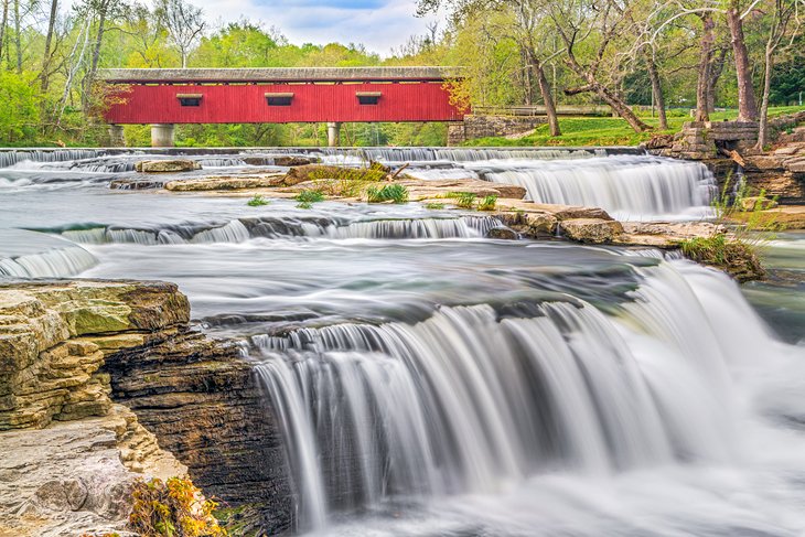 Cataract Falls and a covered bridge on Mill Creek