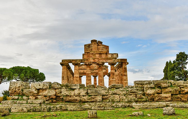 Temple ruin behind a wall at Paestum