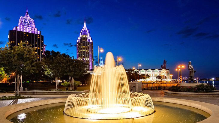 Fountain illuminated at night in Mobile