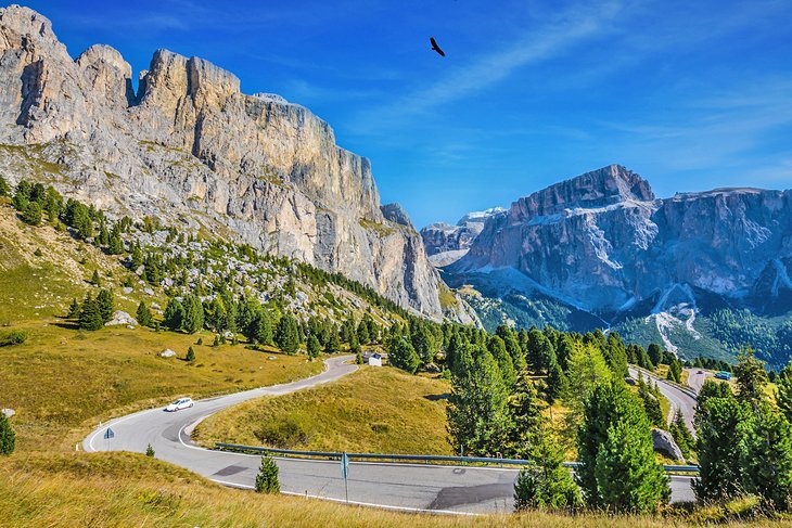 Picturesque road through the Sella Pass, Dolomites