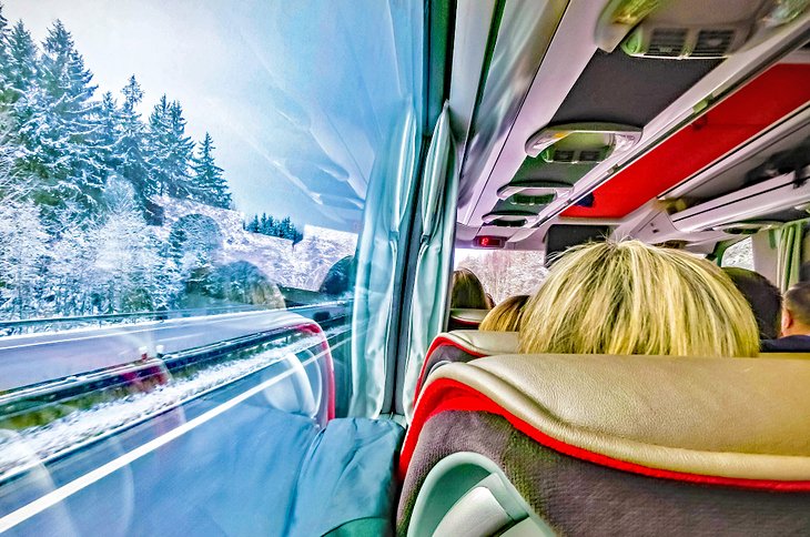 Bus travel through the Czech countryside in winter
