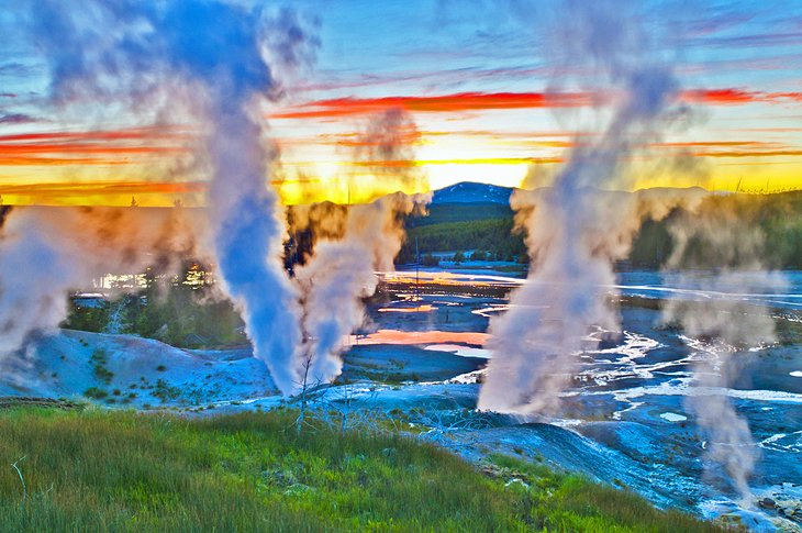 Norris Geyser Basin at sunset