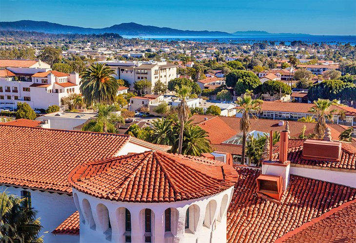 The Santa Barbara County Courthouse and red tile roofs of the city