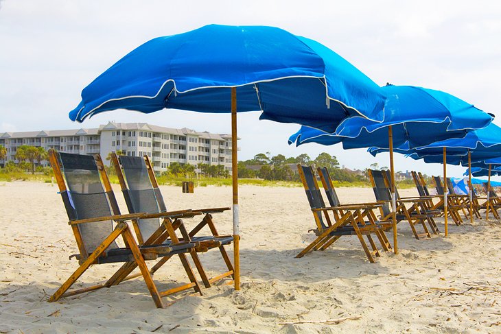Beach umbrellas and chairs on Coligny Beach, Hilton Head