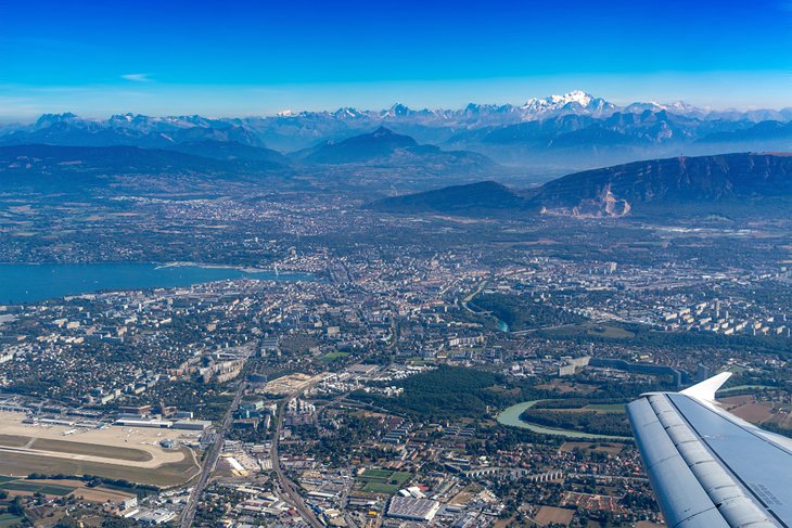 Aerial view of Geneva airport and the Alps