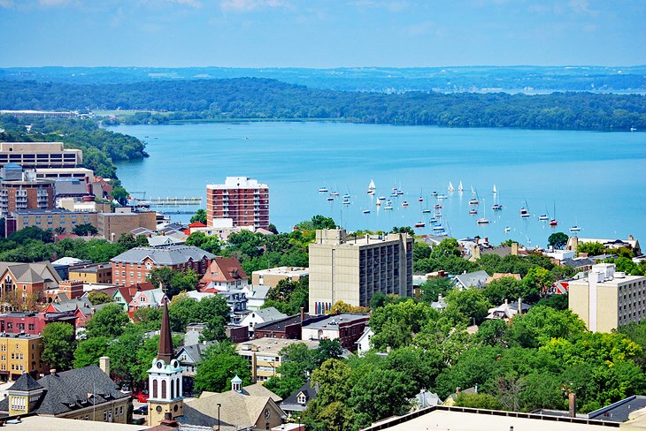 Aerial of downtown Madison and Lake Mendota