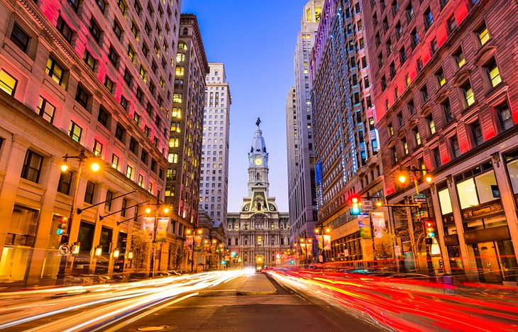 Dusk in Philadelphia with City Hall in the distance