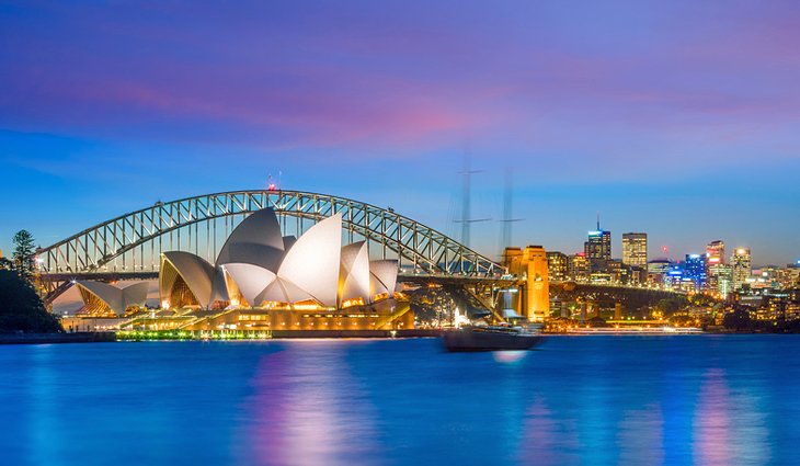 Sydney Opera House and Sydney Harbour Bridge at dusk