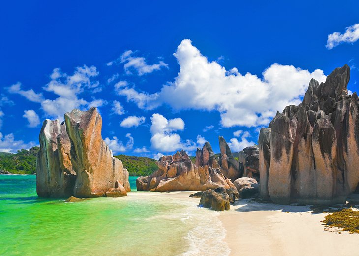 Jagged rocks on a Curieuse Island beach