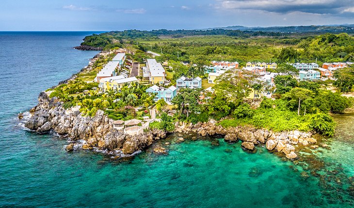 Aerial view of resorts and the cliffs in Negril