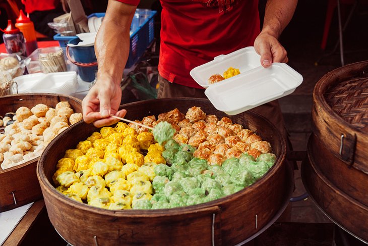 Traditional Chinese steamed buns for sale on Petaling Street