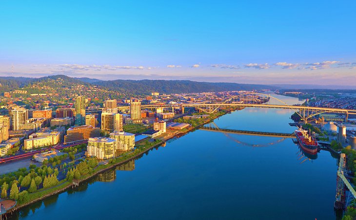 Aerial view of Portland at sunrise