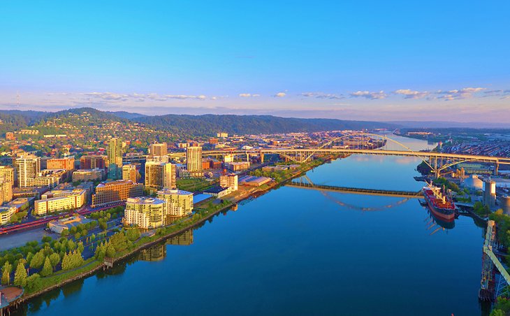 Aerial view of Portland at sunrise