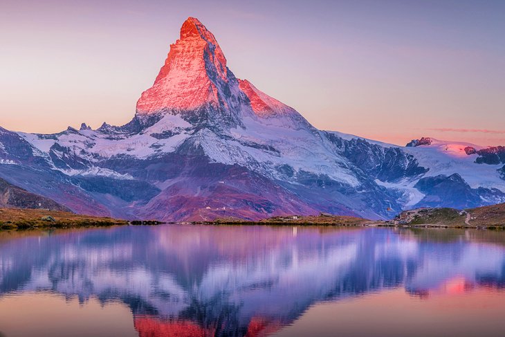 The Matterhorn at sunset reflected in Stellisee Lake