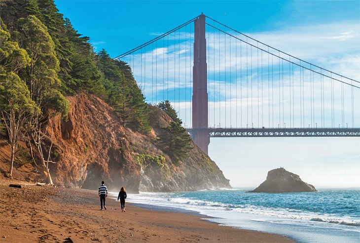 Couple walking on the beach in front of the Kirby Cove Campground