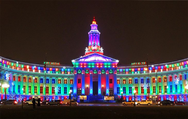 Denver's City and County Building decorated with Christmas lights