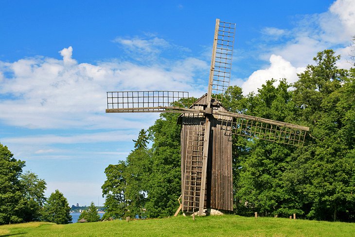 Traditional wooden windmill at the Estonian Open Air Museum