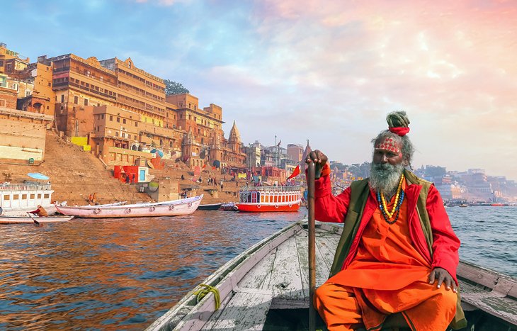 A holy person on the Ganges River in Varanasi