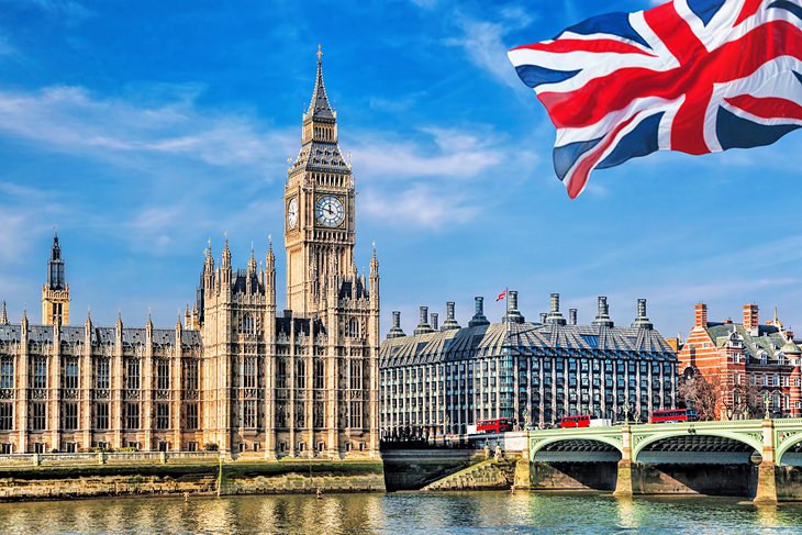 Big Ben and the Union Jack in London, England