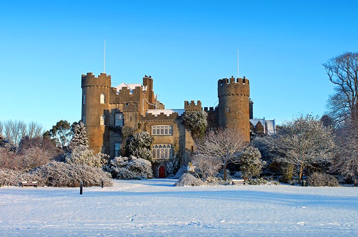 Snow-covered Malahide Castle in County Dublin