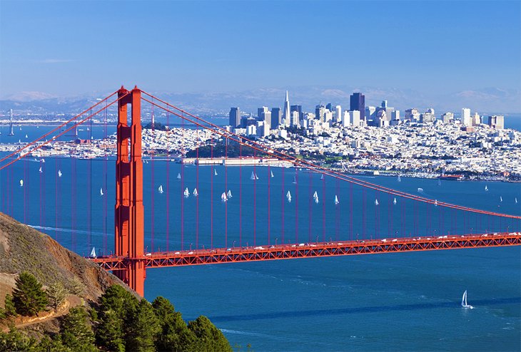 Golden Gate Bridge with the San Francisco skyline in the distance